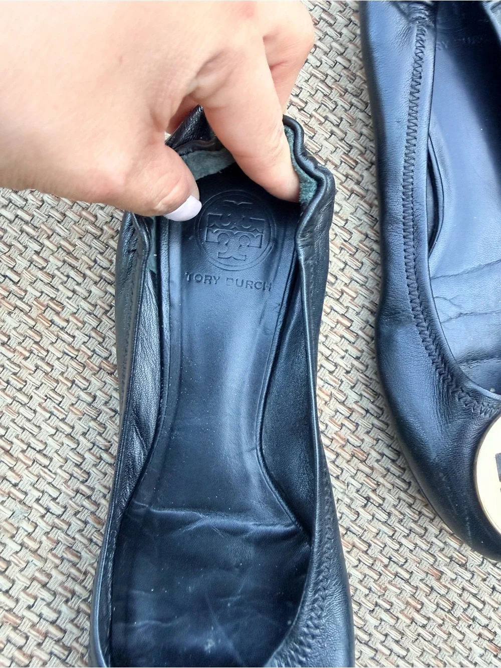 Tory Burch Black Leather Flats with Gold Logo Medallions